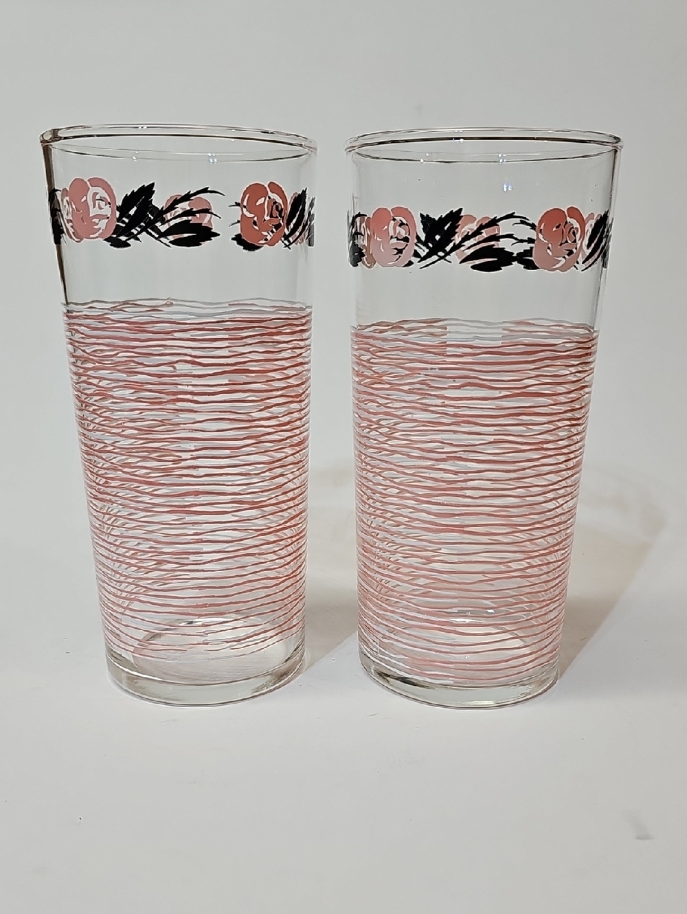 Anchor Hocking Pink and Black Floral Highball Glasses - Set of 2